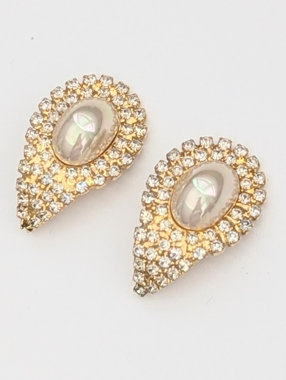 Gold-Tone Faux-Pearl Teardrop Crystal Cabochon Clip-On Earrings